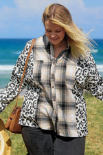 Black Plus Size Plaid Leopard Printed Patchwork Button Up Shacket - MarkoFit