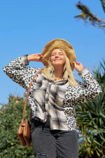 Black Plus Size Plaid Leopard Printed Patchwork Button Up Shacket - MarkoFit