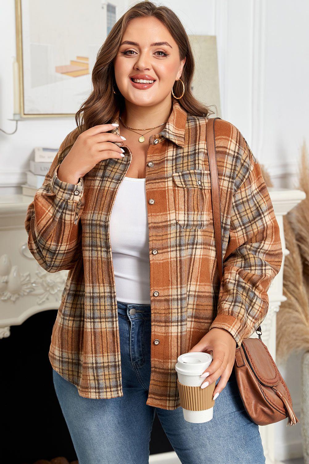 Brown Plaid Print Flap Pocket Buttoned Plus Size Shacket - MarkoFit