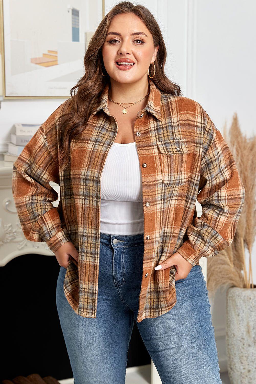 Brown Plaid Print Flap Pocket Buttoned Plus Size Shacket - MarkoFit