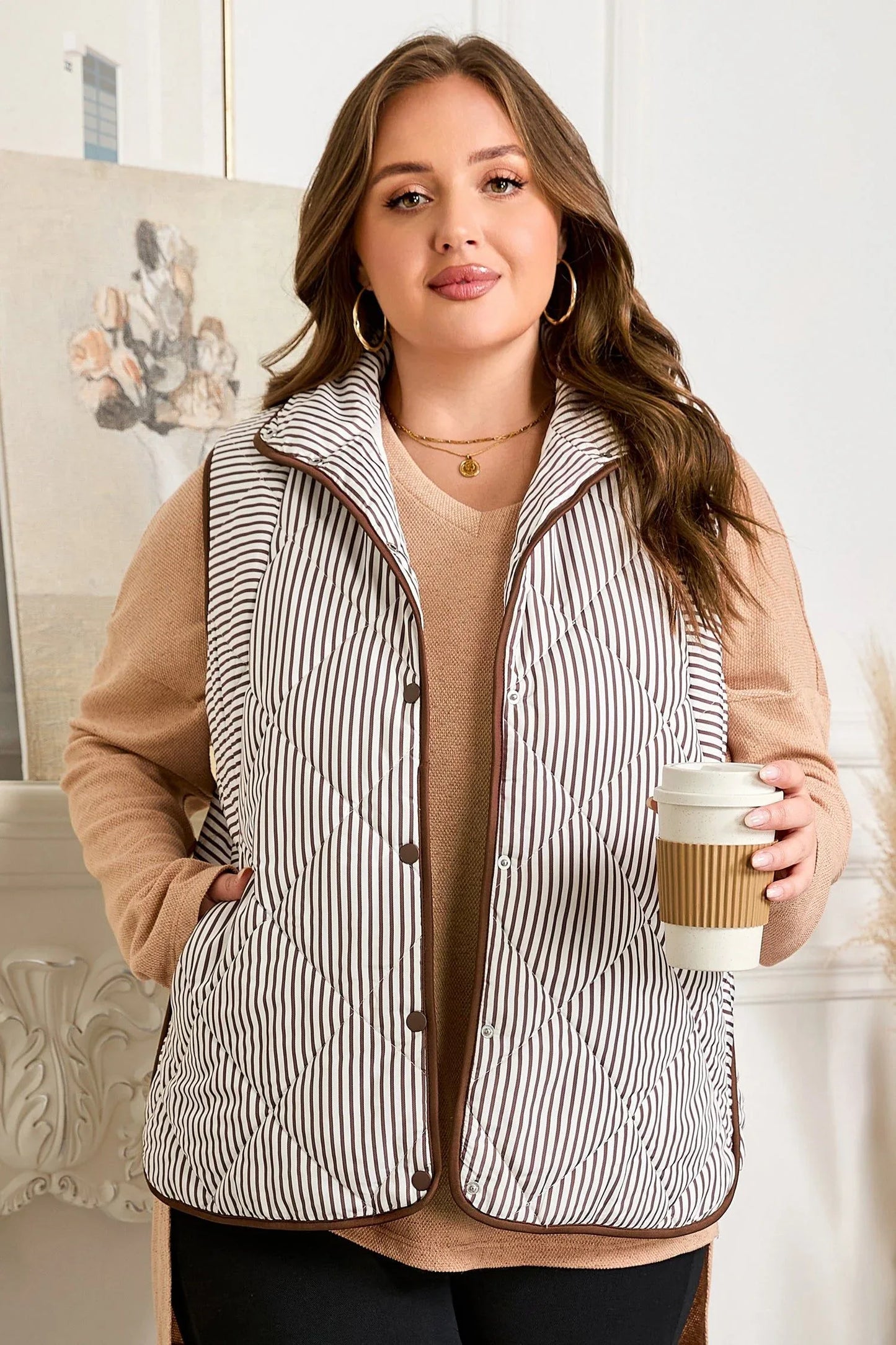 Brown Stripe Quilted Wavy Hem Snap Button Plus Size Vest - MarkoFit