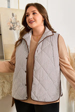 Brown Stripe Quilted Wavy Hem Snap Button Plus Size Vest - MarkoFit