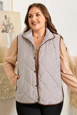 Brown Stripe Quilted Wavy Hem Snap Button Plus Size Vest - MarkoFit