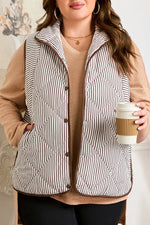 Brown Stripe Quilted Wavy Hem Snap Button Plus Size Vest - MarkoFit
