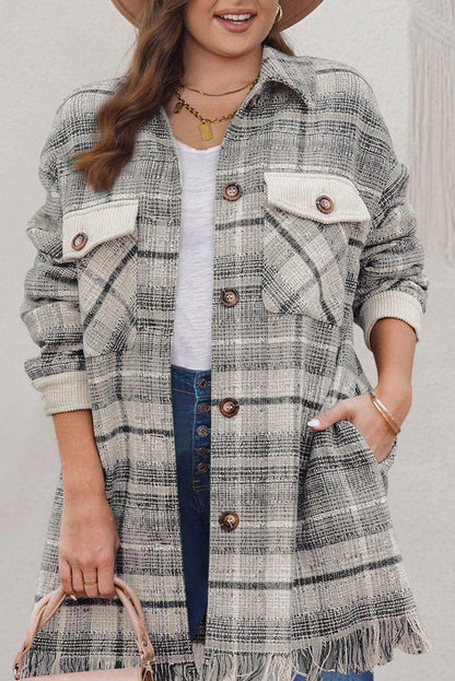 Gray Plus Size Macrame Plaid Coat - MarkoFit