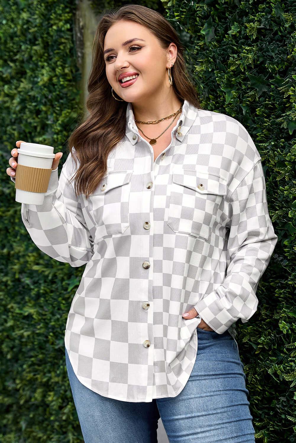 Khaki Plus Size Checkered Buttoned Down Casual Western Jacket - MarkoFit