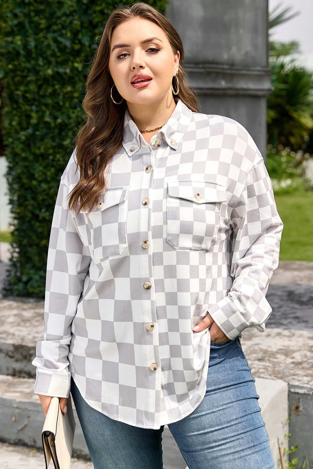 Khaki Plus Size Checkered Buttoned Down Casual Western Jacket - MarkoFit