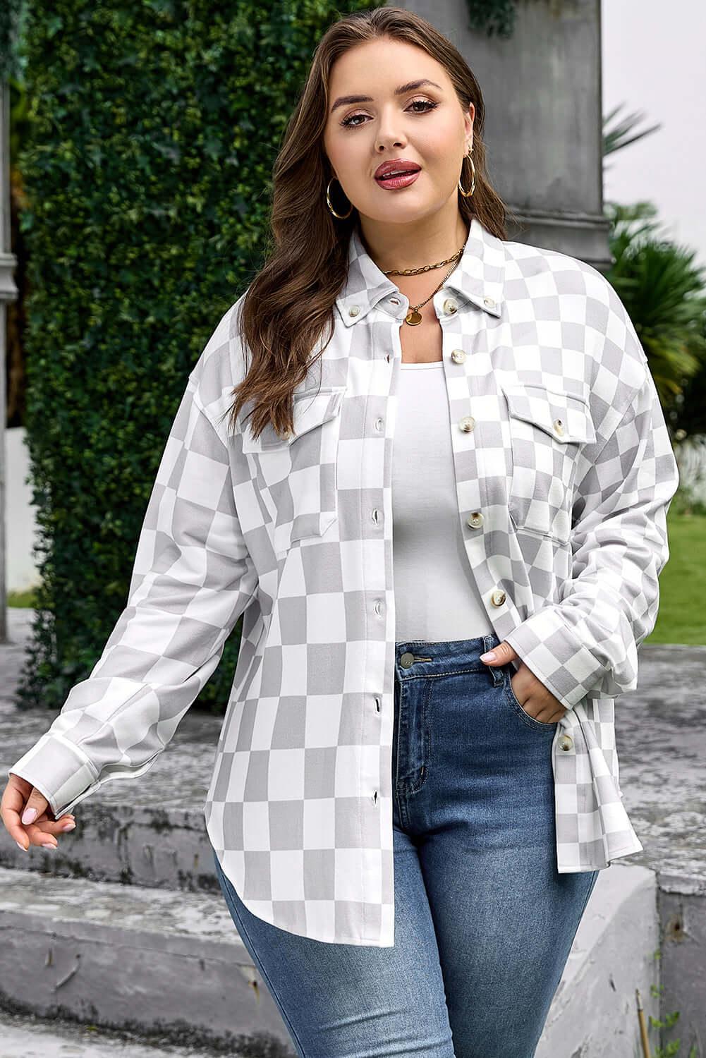 Khaki Plus Size Checkered Buttoned Down Casual Western Jacket - MarkoFit