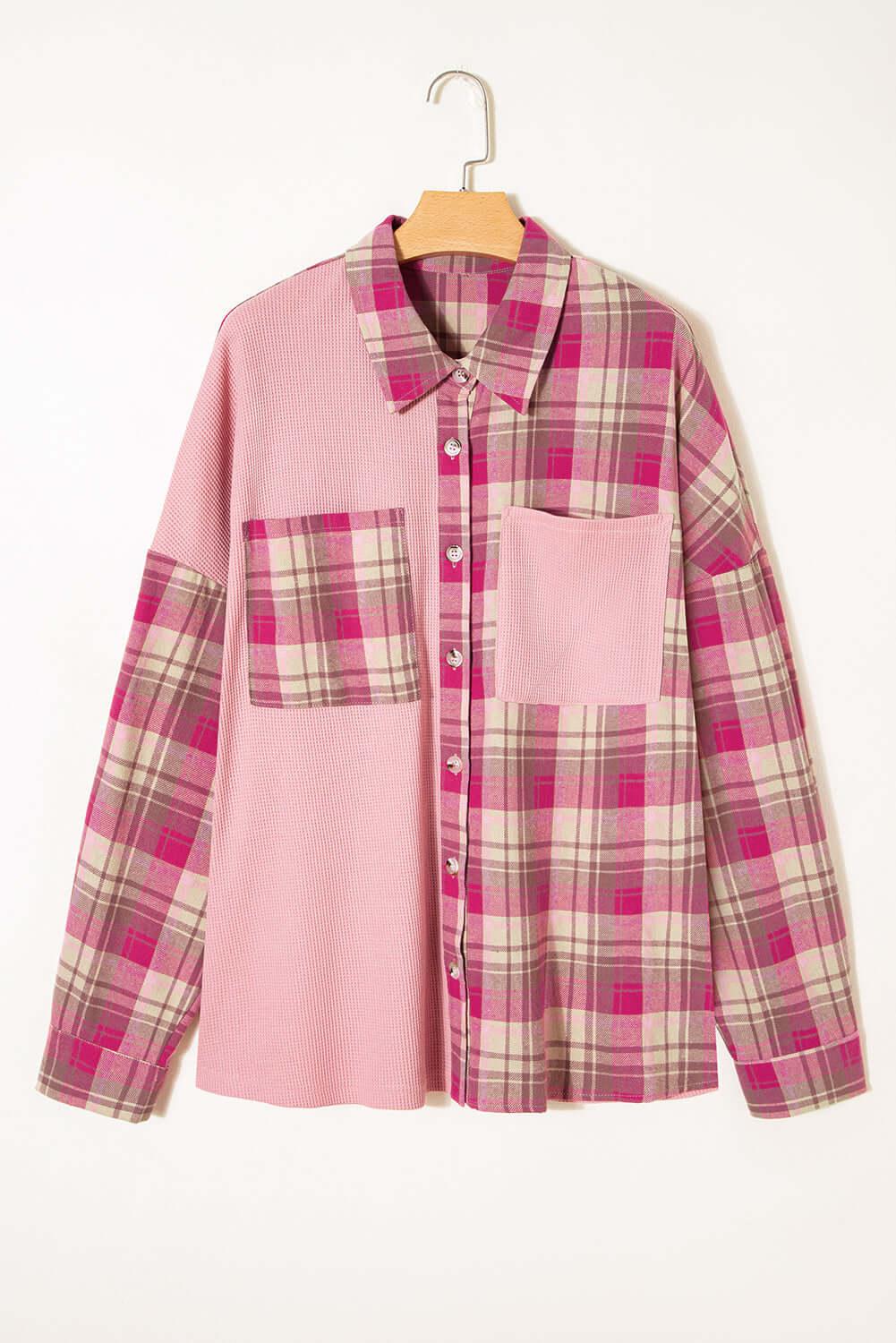 Pink Waffle Patch Pocket Plaid Patchwork Plus Size Shirt - MarkoFit