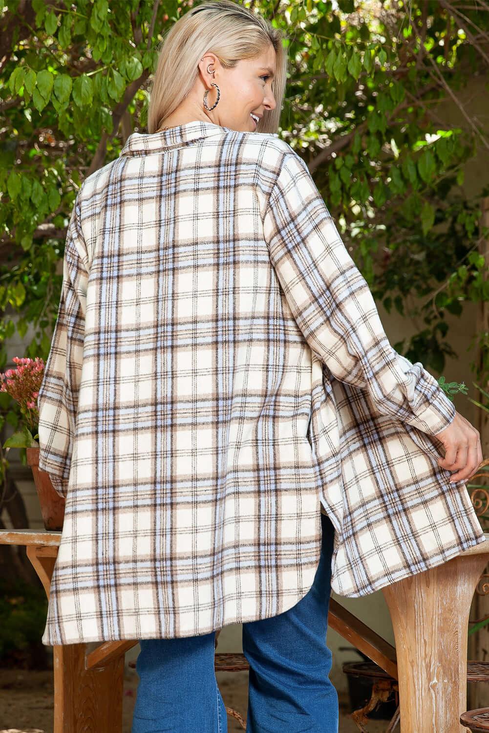 White Plaid Print Tunic Plus Size Shacket with Slits - MarkoFit