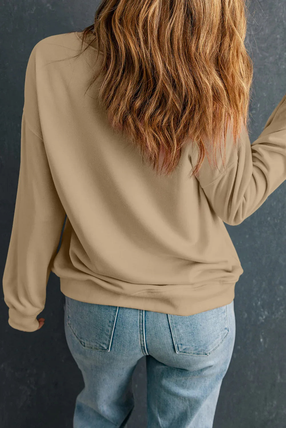 Apricot Solid Crew Neck Drop Shoulder Plus Size Sweatshirt - MarkoFit