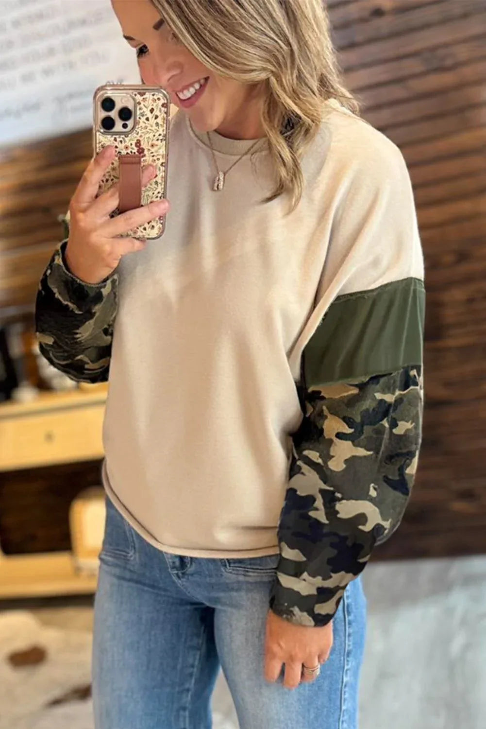 Apricot Camo Print Patchwork Sleeve Raw Hem Plus Size Sweatshirt - MarkoFit