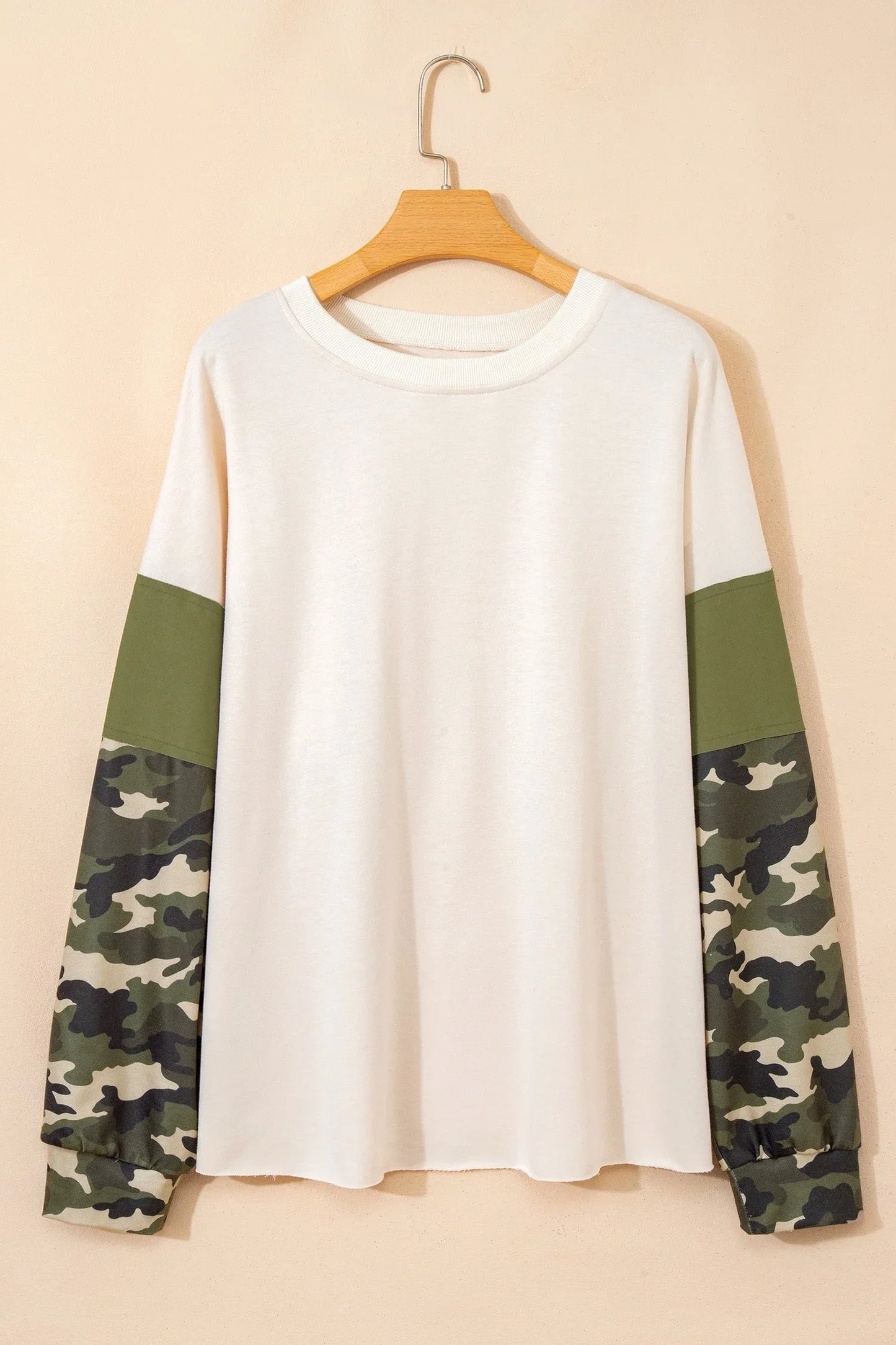Apricot Camo Print Patchwork Sleeve Raw Hem Plus Size Sweatshirt - MarkoFit