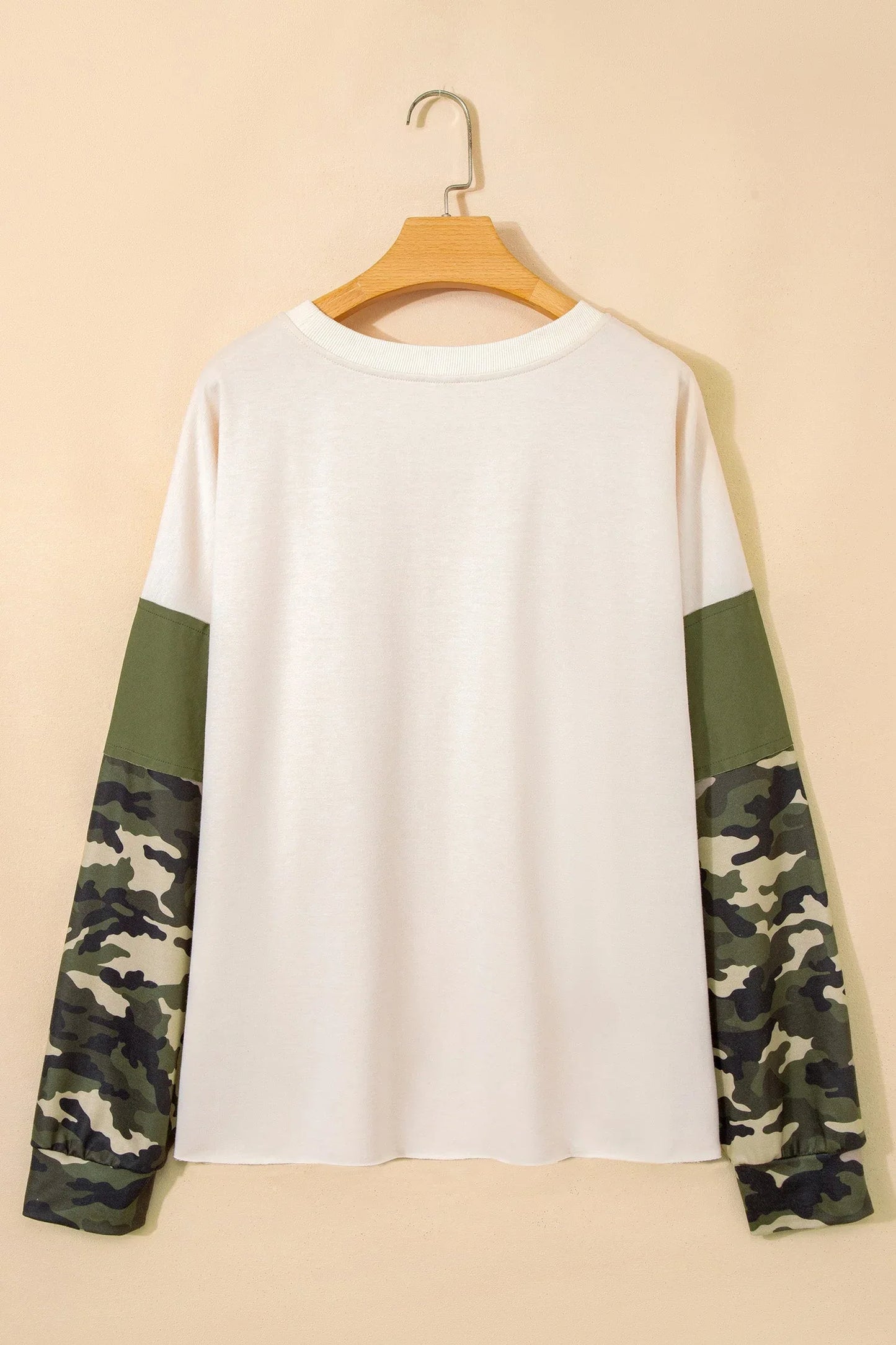Apricot Camo Print Patchwork Sleeve Raw Hem Plus Size Sweatshirt - MarkoFit