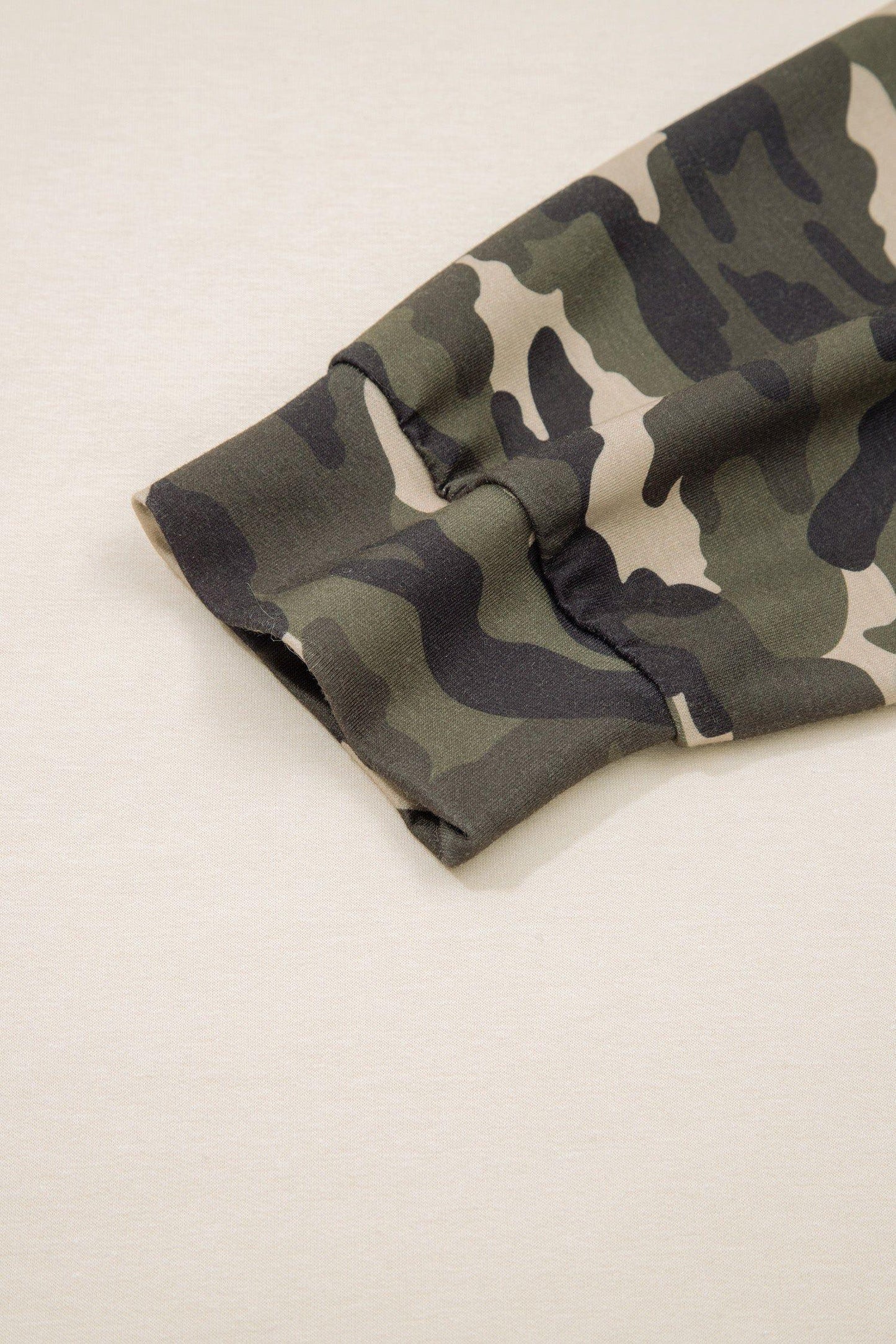 Apricot Camo Print Patchwork Sleeve Raw Hem Plus Size Sweatshirt - MarkoFit