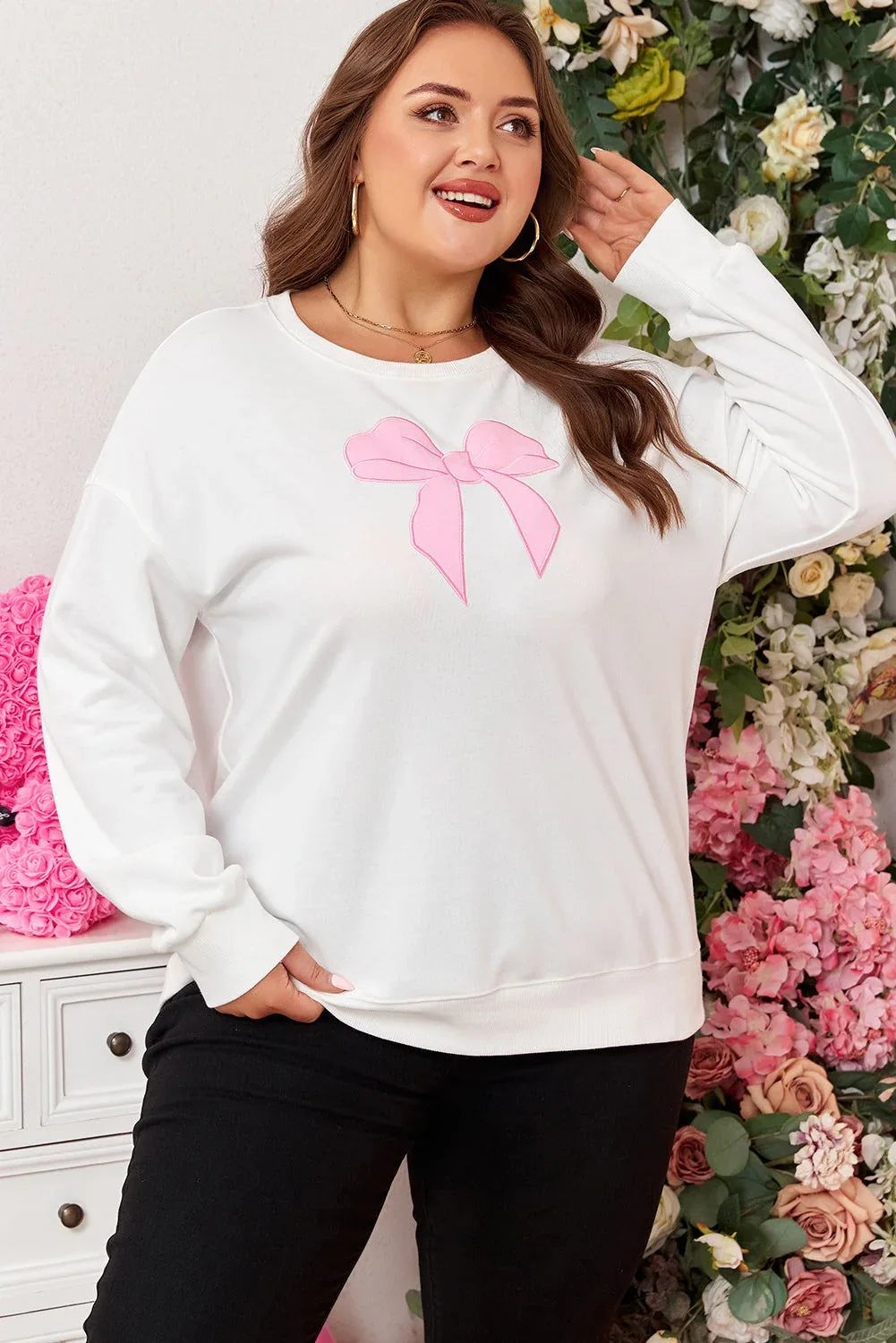 Beige Big Bow Accent Plus Size Drop Shoulder Sweatshirt - MarkoFit