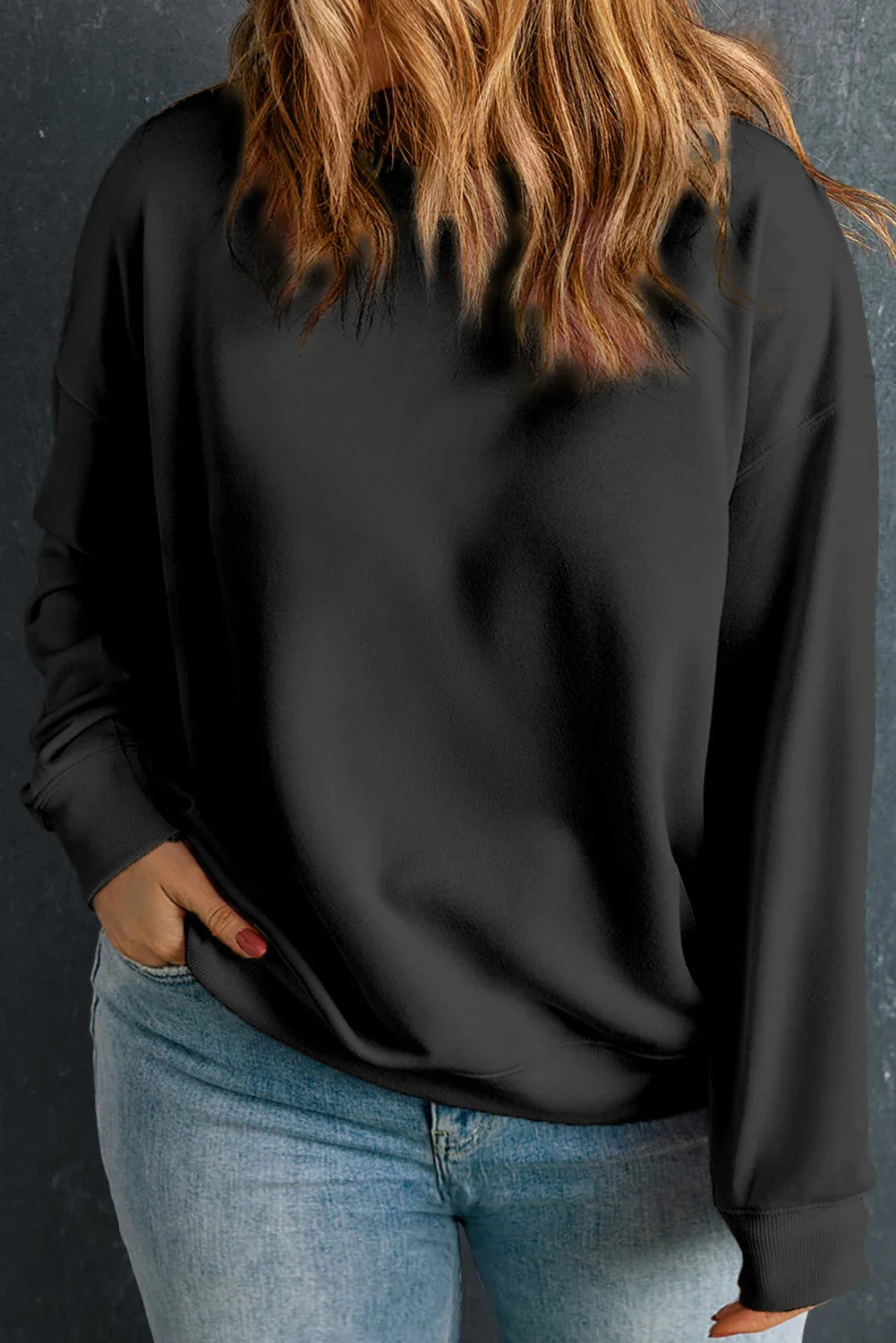 Black Solid Crew Neck Drop Shoulder Plus Size Sweatshirt - MarkoFit
