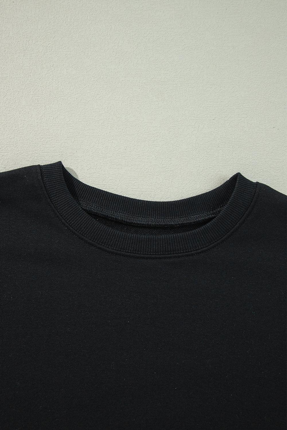 Black Solid Crew Neck Drop Shoulder Plus Size Sweatshirt - MarkoFit