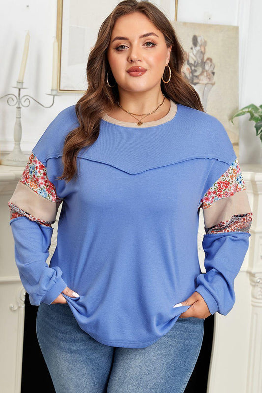Blue Exposed Seam Floral Mixed Patchwork Relaxed Plus Size Sweatshirt - MarkoFit