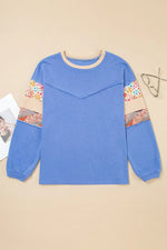 Blue Exposed Seam Floral Mixed Patchwork Relaxed Plus Size Sweatshirt - MarkoFit