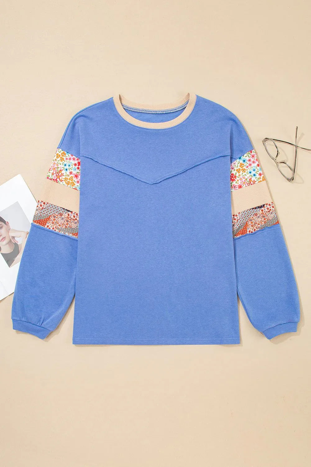 Blue Exposed Seam Floral Mixed Patchwork Relaxed Plus Size Sweatshirt - MarkoFit