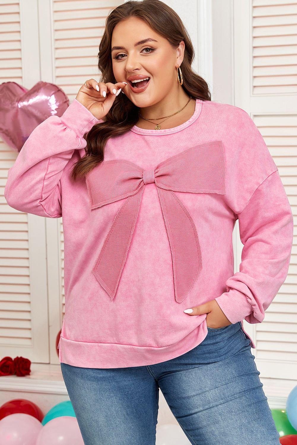 Bonbon Waffle Bowknot Patchwork Graphic Mineral Wash Plus Size Sweatshirt - MarkoFit