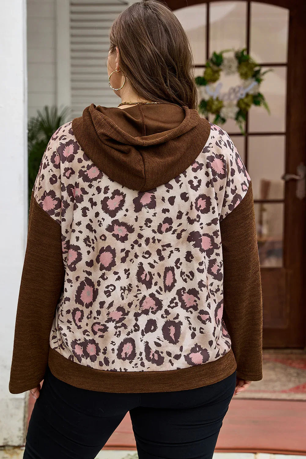 Brown Leopard Print Knit Patchwork Plus Hoodie - MarkoFit