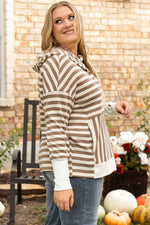 Brown Stripe Quarter Buttons Drop Sleeve Plus Size Hoodie - MarkoFit
