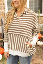 Brown Stripe Quarter Buttons Drop Sleeve Plus Size Hoodie - MarkoFit