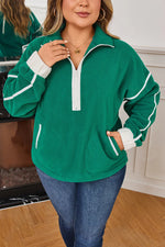 Dark Green Half Zip Contrast Trim Pocketed Plus Size Fleece Sweatshirt - MarkoFit