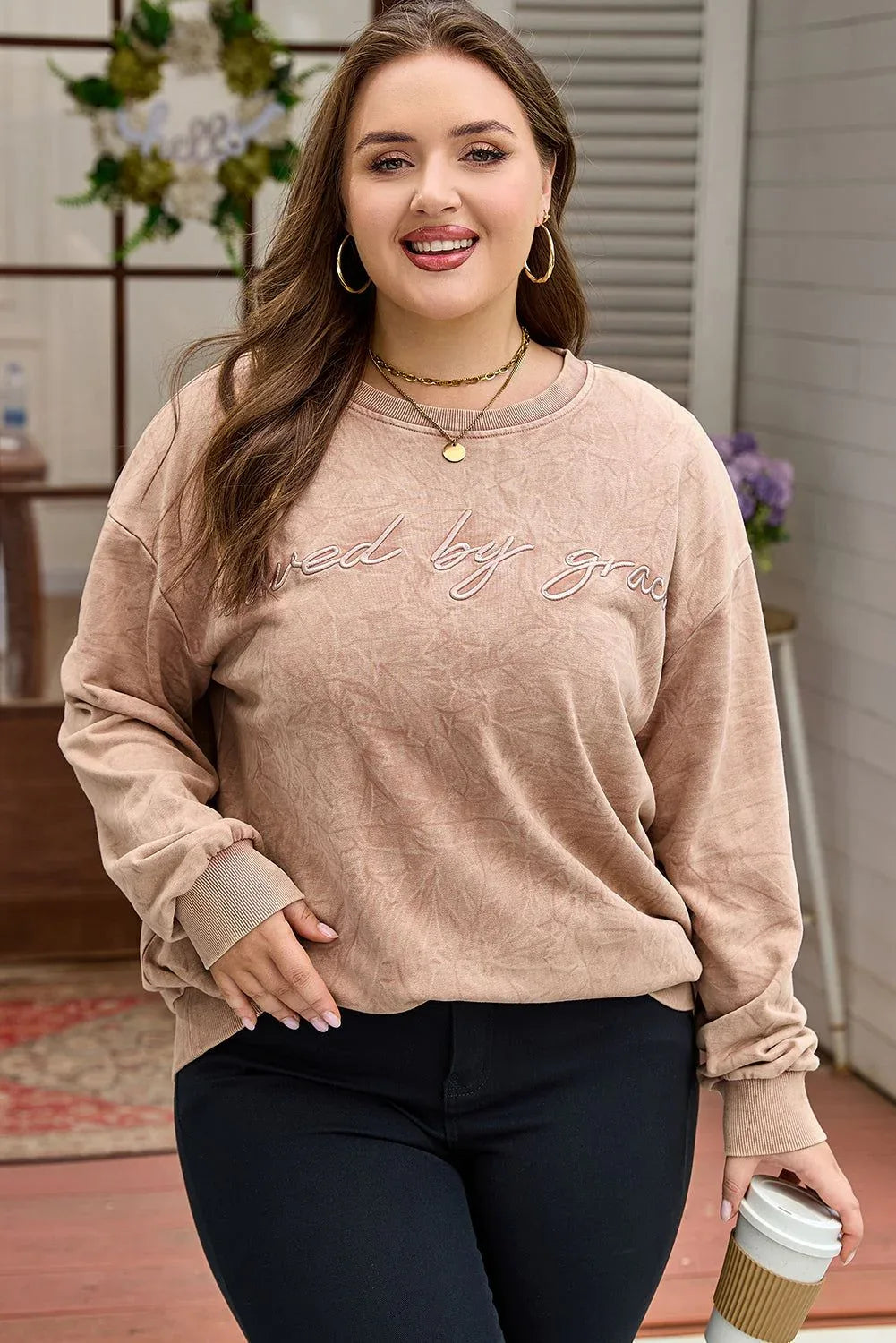 DUNE saved by grace Embroidered Mineral Wash Plus Size Sweatshirt - MarkoFit