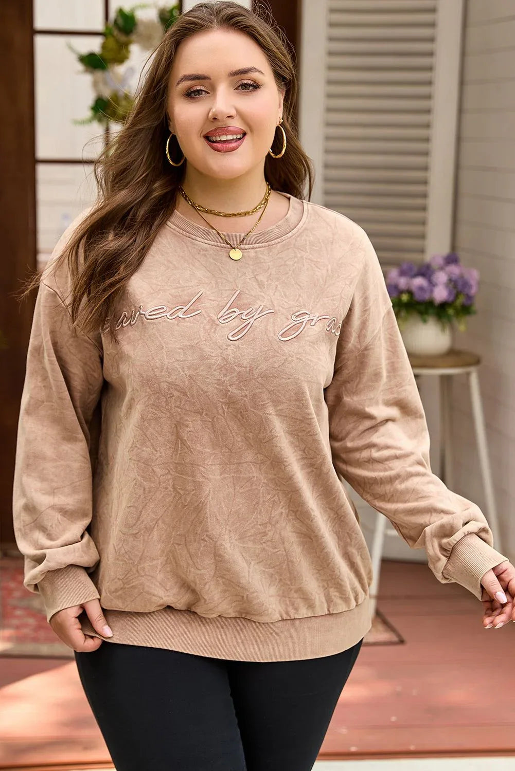 DUNE saved by grace Embroidered Mineral Wash Plus Size Sweatshirt - MarkoFit
