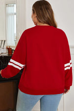 Fiery Red Varsity Striped Detail Crew Neck Plus Sweatshirt - MarkoFit