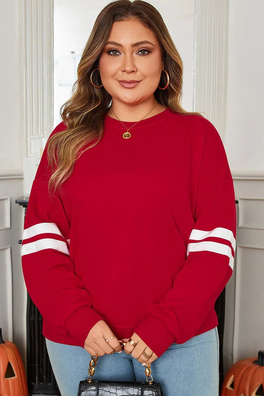 Fiery Red Varsity Striped Detail Crew Neck Plus Sweatshirt - MarkoFit