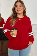 Fiery Red Varsity Striped Detail Crew Neck Plus Sweatshirt - MarkoFit