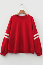 Fiery Red Varsity Striped Detail Crew Neck Plus Sweatshirt - MarkoFit