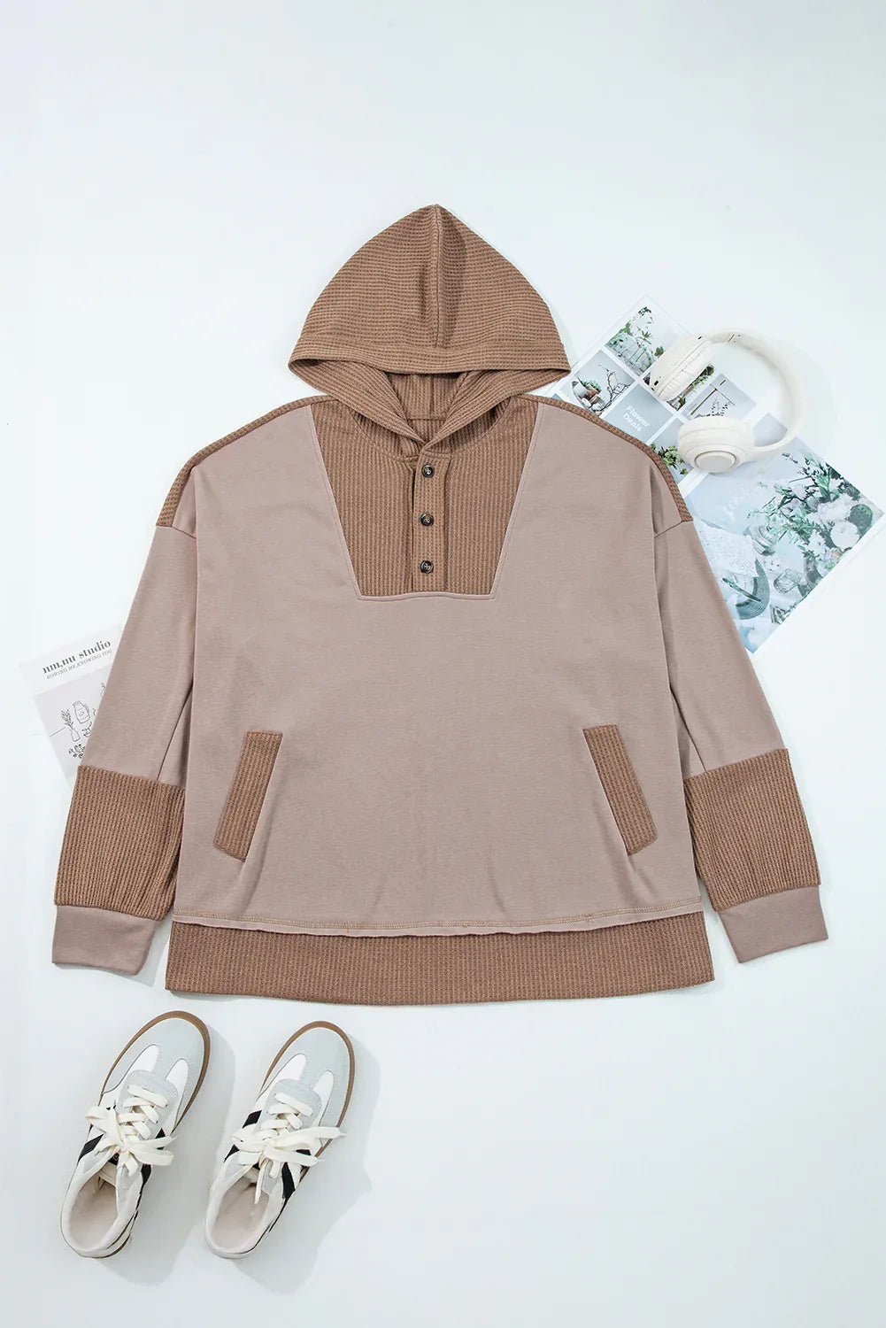 Goat Waffle Contrast Patchwork Plus Size Pocketed Hoodie - MarkoFit