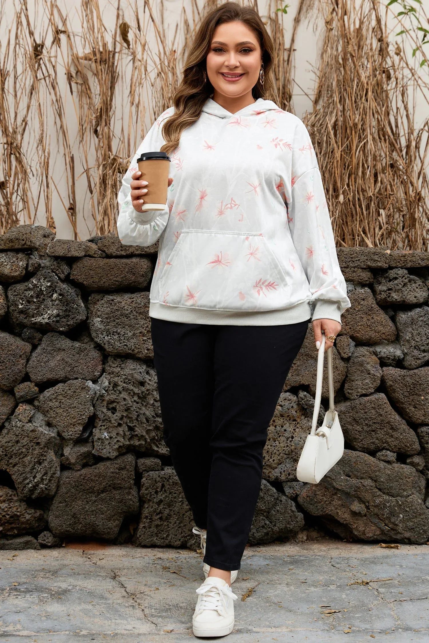 Gray Floral Print Plus Size Loose Hoodie - MarkoFit