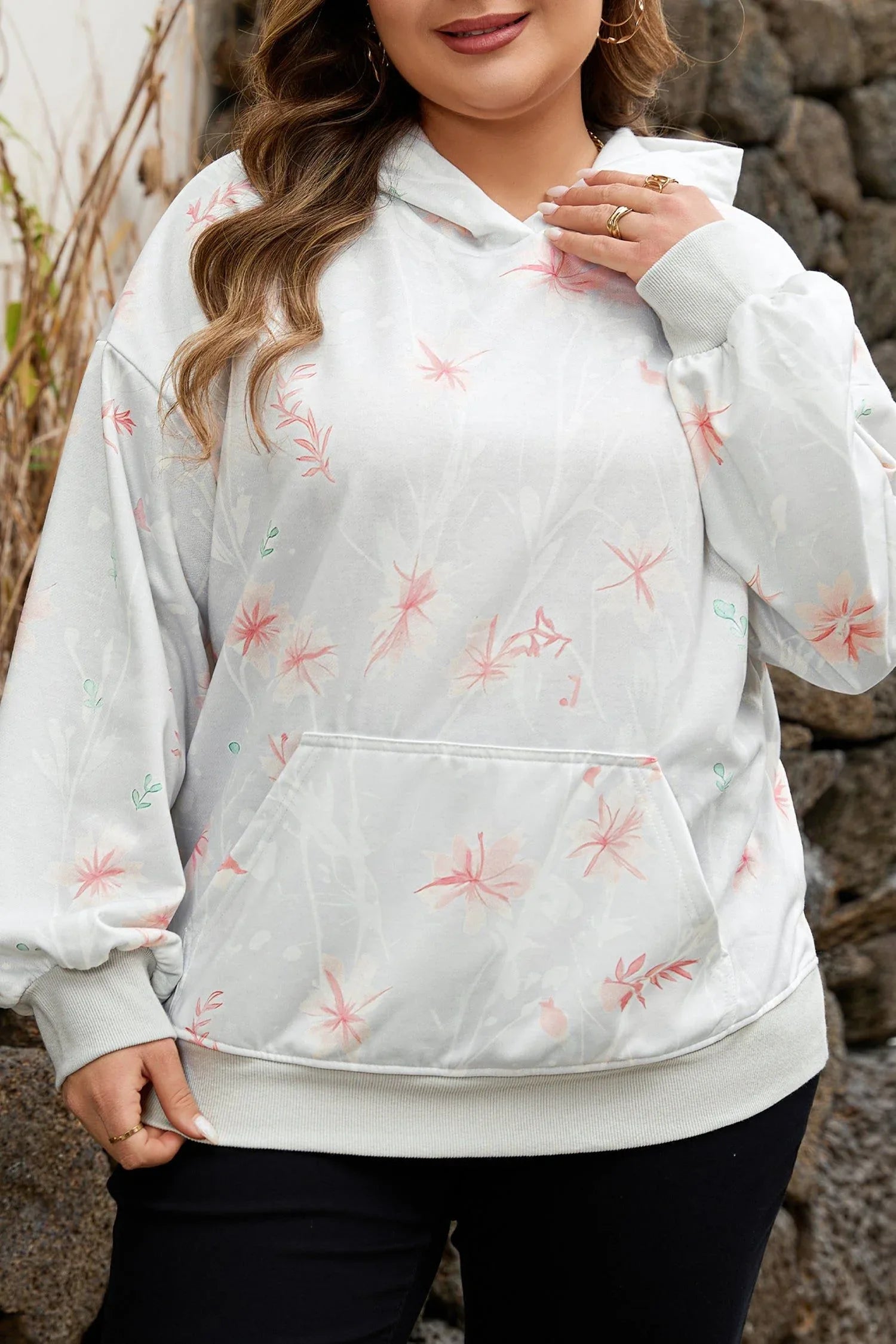 Gray Floral Print Plus Size Loose Hoodie - MarkoFit