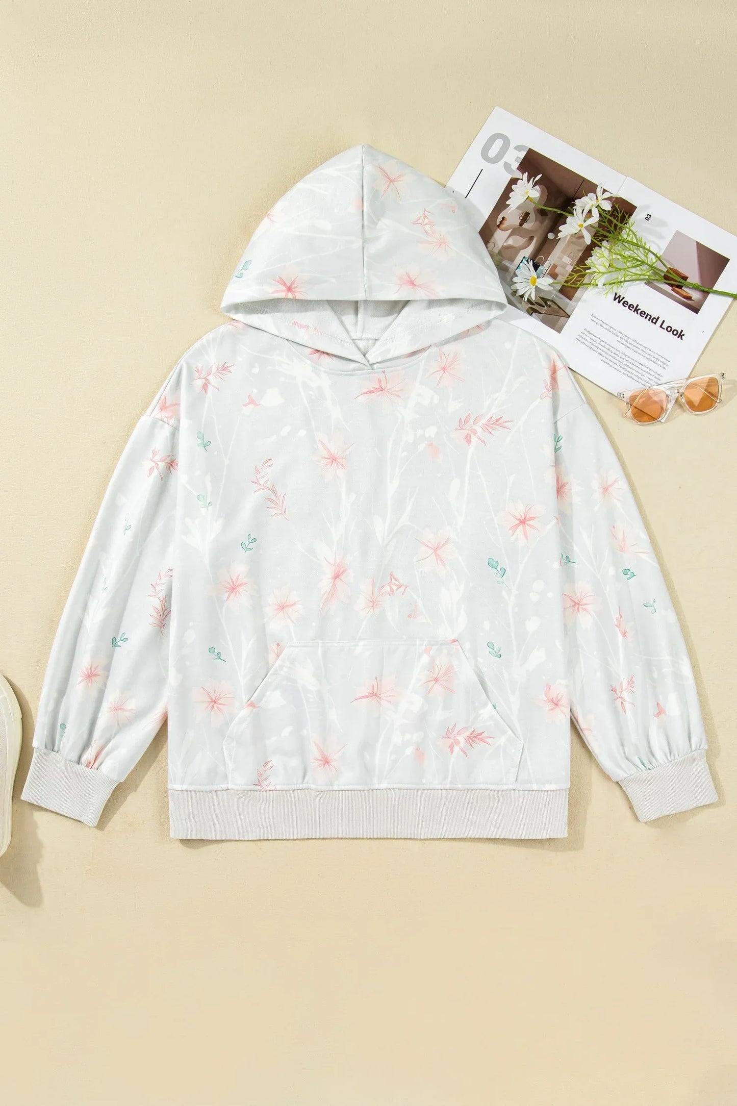 Gray Floral Print Plus Size Loose Hoodie - MarkoFit