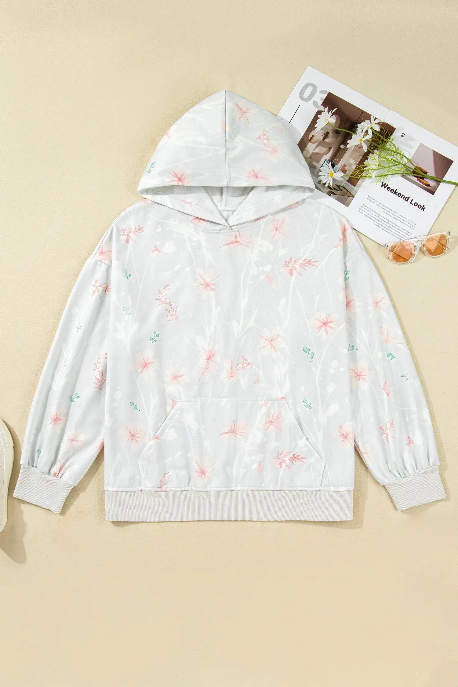 Gray Floral Print Plus Size Loose Hoodie - MarkoFit