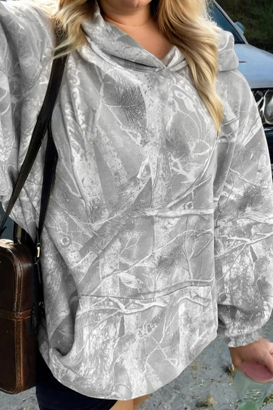 Gray Plus Size Camouflage Woodland Print Oversized Sporty Hoodie - MarkoFit