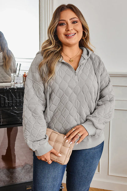 Gray Quilted Quarter Zip Plus Size Hoodie - MarkoFit