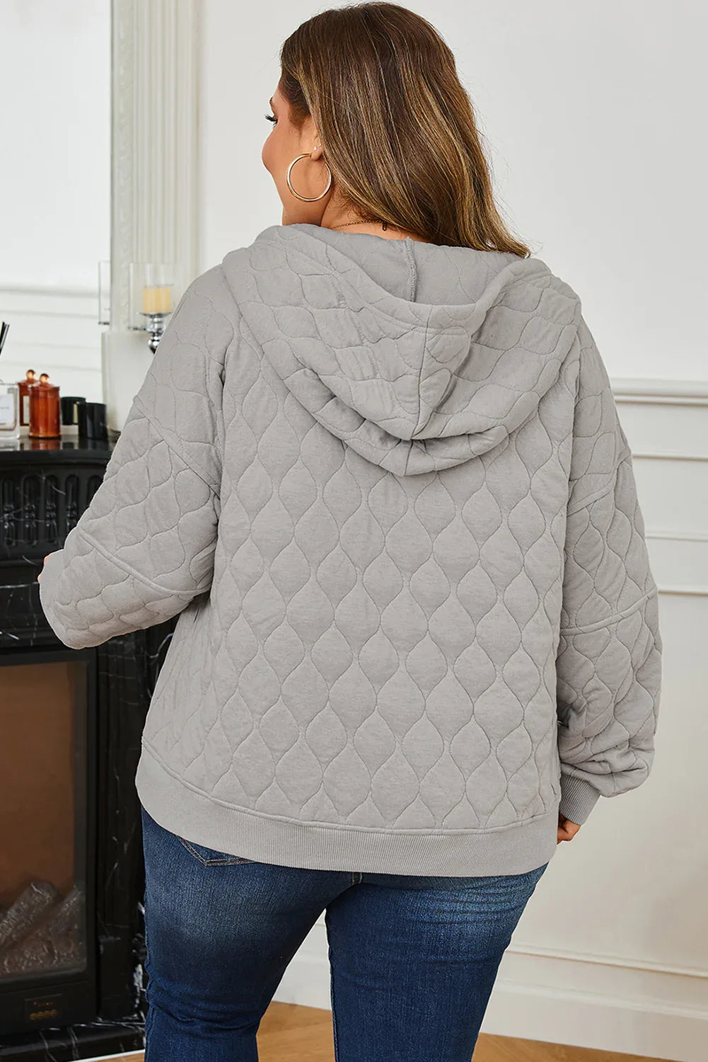 Gray Quilted Quarter Zip Plus Size Hoodie - MarkoFit