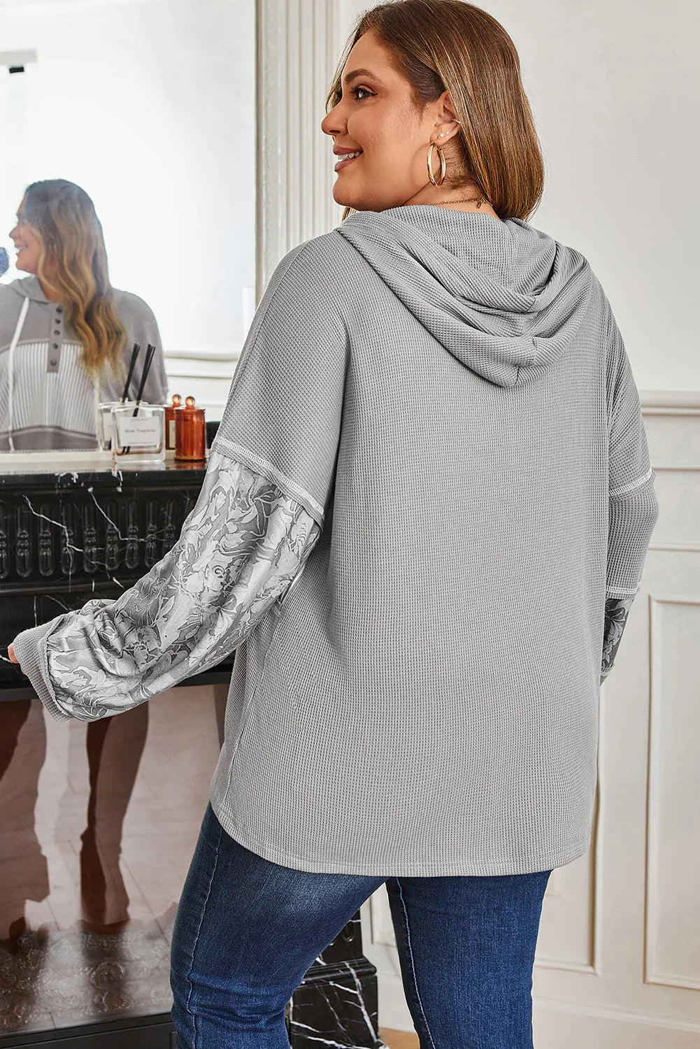 Gray Mixed Pattern Waffle Knit Patchwork Half Buttons Plus Hooded Top - MarkoFit