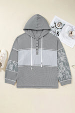Gray Mixed Pattern Waffle Knit Patchwork Half Buttons Plus Hooded Top - MarkoFit