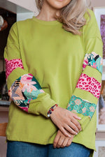 Green Plus Size Printed Patchwork Sleeve Split Sweatshirt - MarkoFit