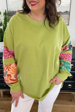 Green Plus Size Printed Patchwork Sleeve Split Sweatshirt - MarkoFit