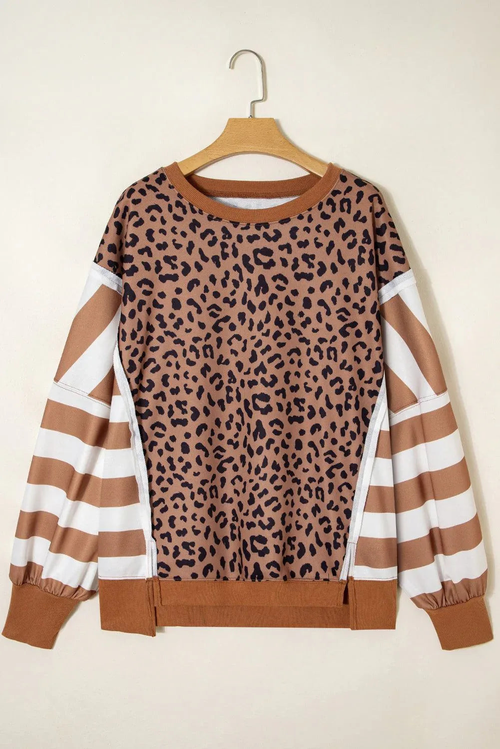 Khaki Leopard Striped Patchwork Plus Size Loose Sweatshirt - MarkoFit