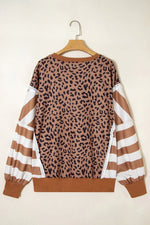 Khaki Leopard Striped Patchwork Plus Size Loose Sweatshirt - MarkoFit